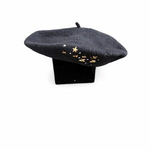 Nina Too 100% Wool Black Beret Hat w/ Gold Star Studs